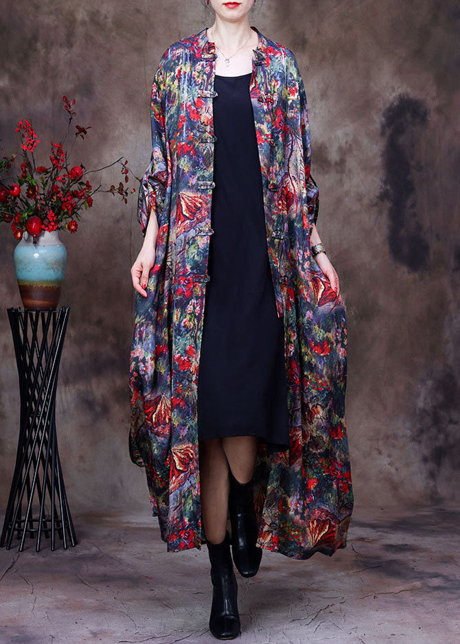 Red Print Oriental Button Silk Trench Coats Long Sleeve