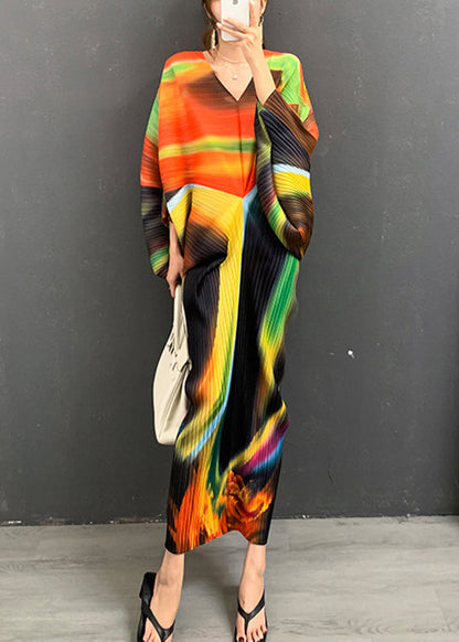 Stylish Orange V Neck Print Silk Long Dresses Batwing Sleeve