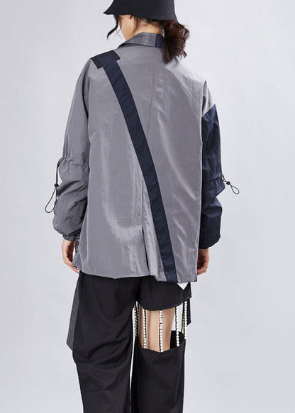 Simple Grey Patchwork Plaid Asymmetrical Design Fall Coats Long Sleeve