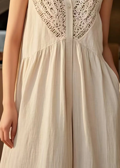 Loose Beige Peter Pan Collar Patchwork Cotton Dresses Sleeveless