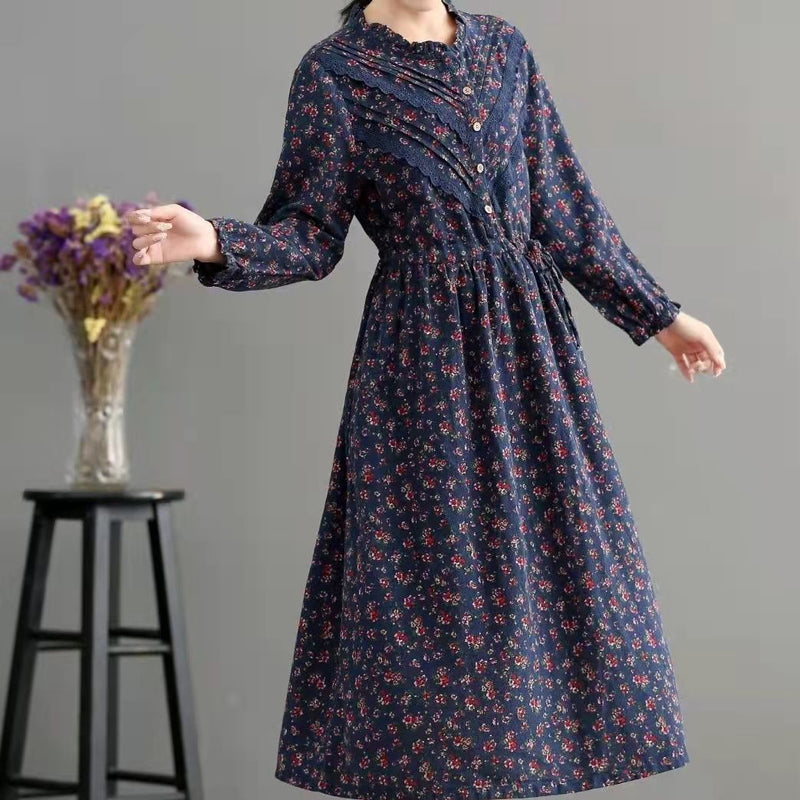 Blue Pockets Print Loose Fall Maxi Dress Long Sleeve