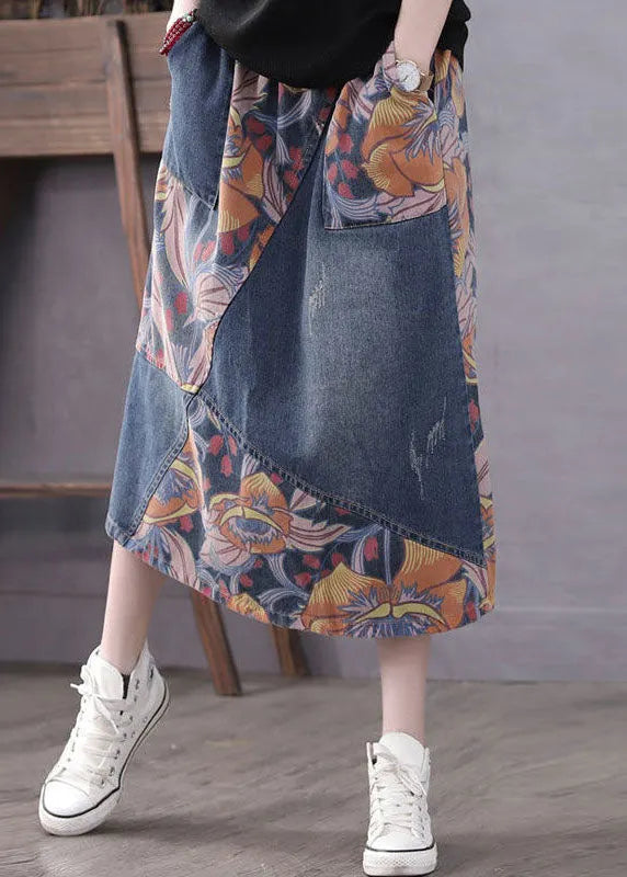 Blue Pockets Patchwork Print a Line Fall Denim Skirts