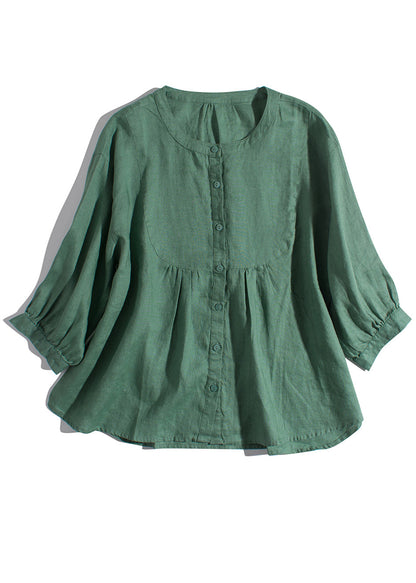 New Pink O-neck Button Linen Blouses Bracelet Sleeve