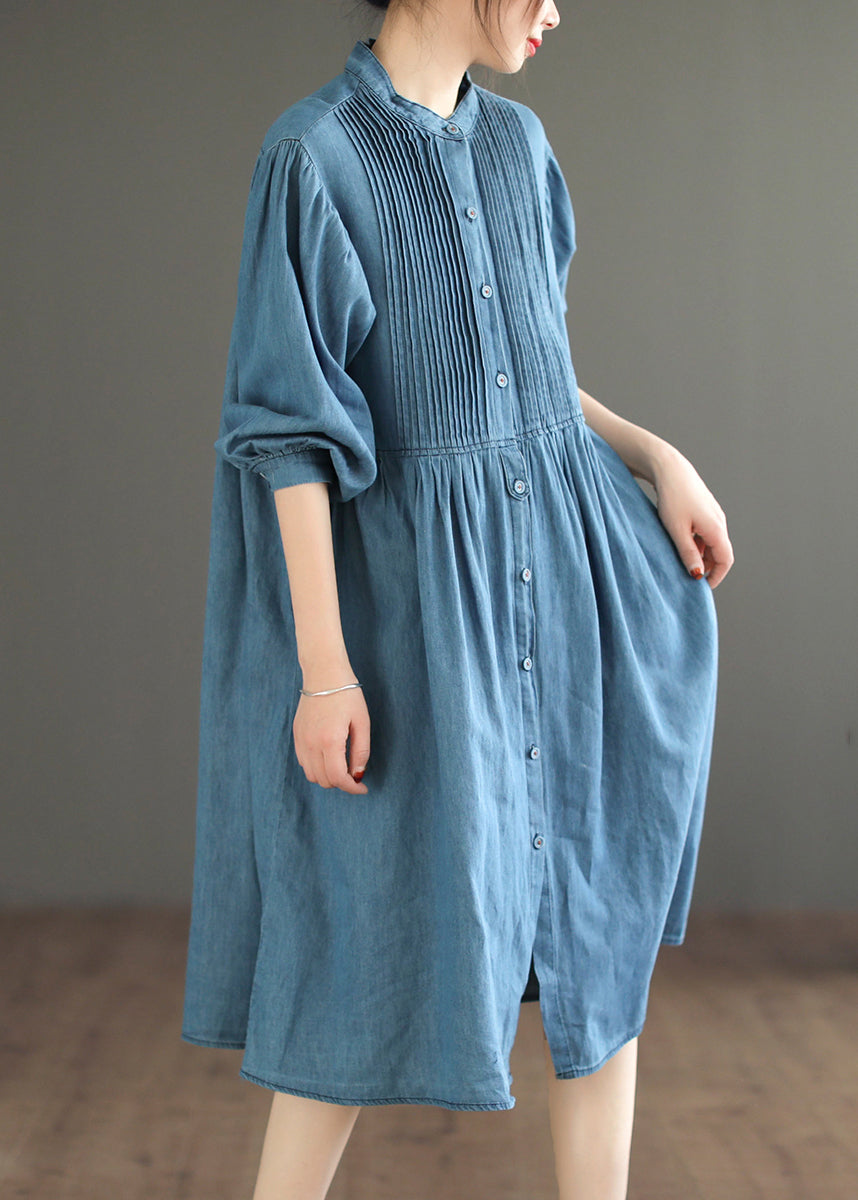 Light Blue Wrinkled Patchwork Denim O-neck Dress Long Sleeve