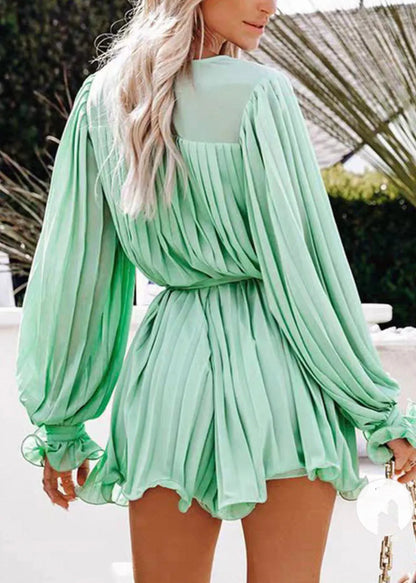 Light Green V Neck Wrinkled Mid Dresses Fall