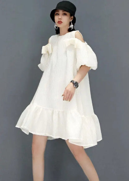 Loose White Puff Sleeve Cold Shoulder a Line Skirts Party Dress Summer