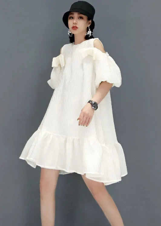 Loose White Puff Sleeve Cold Shoulder a Line Skirts Party Dress Summer