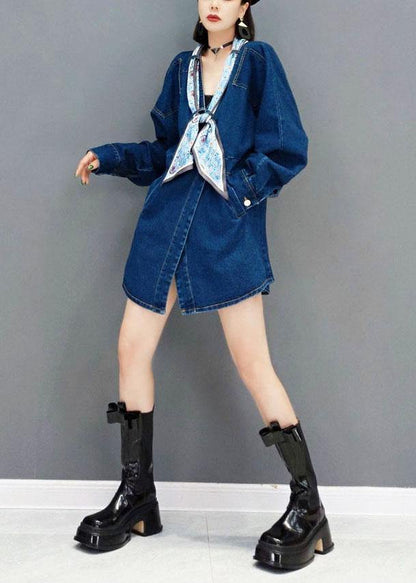 Denim Blue V Neck Pockets Button Fall Shirts Long Sleeve