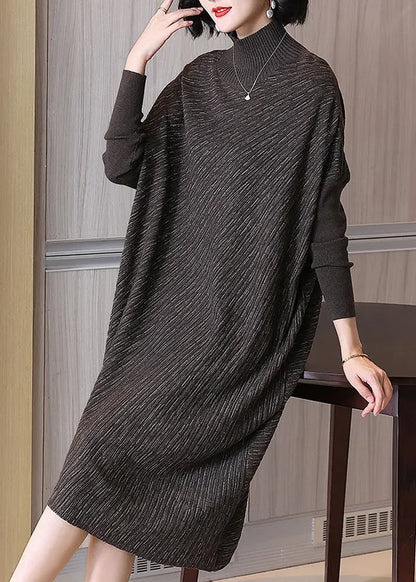 Chocolate Hign Neck Patchwork Woolen Sweater Dress Winter
