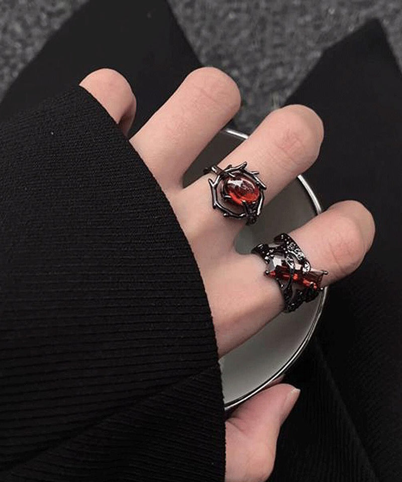 Dark Style Red Zircon Adjustable Metal Open Ring for