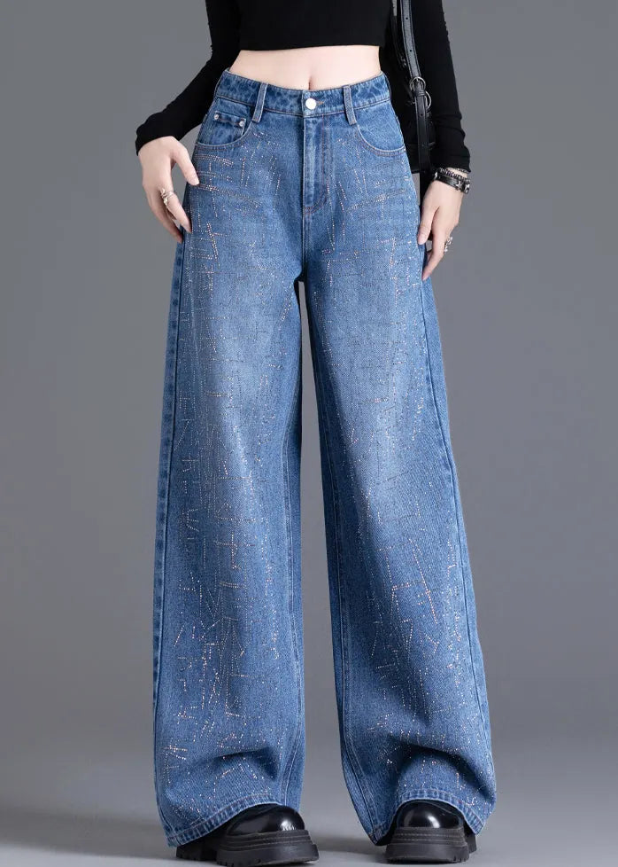 Handmade Blue Zircon Pockets High Waist Denim Wide Leg Pants Spring