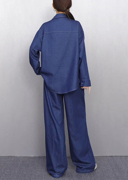 Colorful Navy Button Shirts and Pants Denim Two Pieces Set Fall
