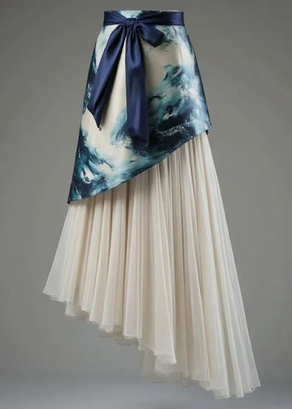 French Blue Asymmetrical Lace Up Tulle Patchwork Skirts Summer