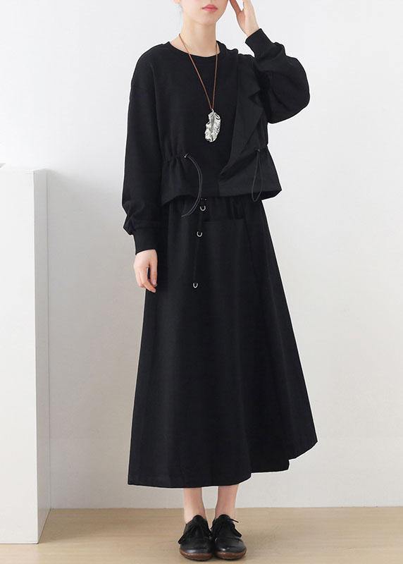 Black O-neck Asymmetrical Design Cinched Sweatshirt