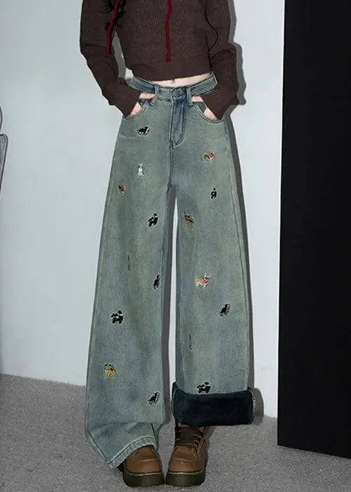 Denim Blue Embroidered Pockets Warm Fleece Pants