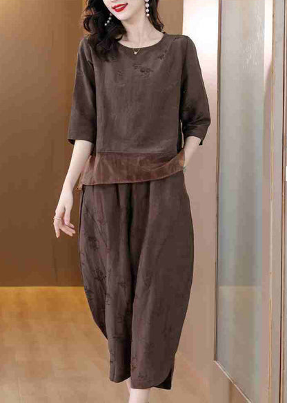 Brown Patchwork Linen Two-piece Set Oversized Jacquard Spring