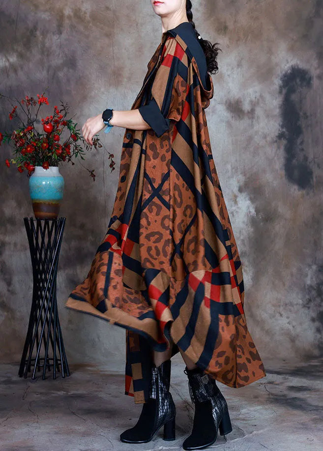 Organic Chocolate Hooded Button Print Patchwork Trench Coats Spring