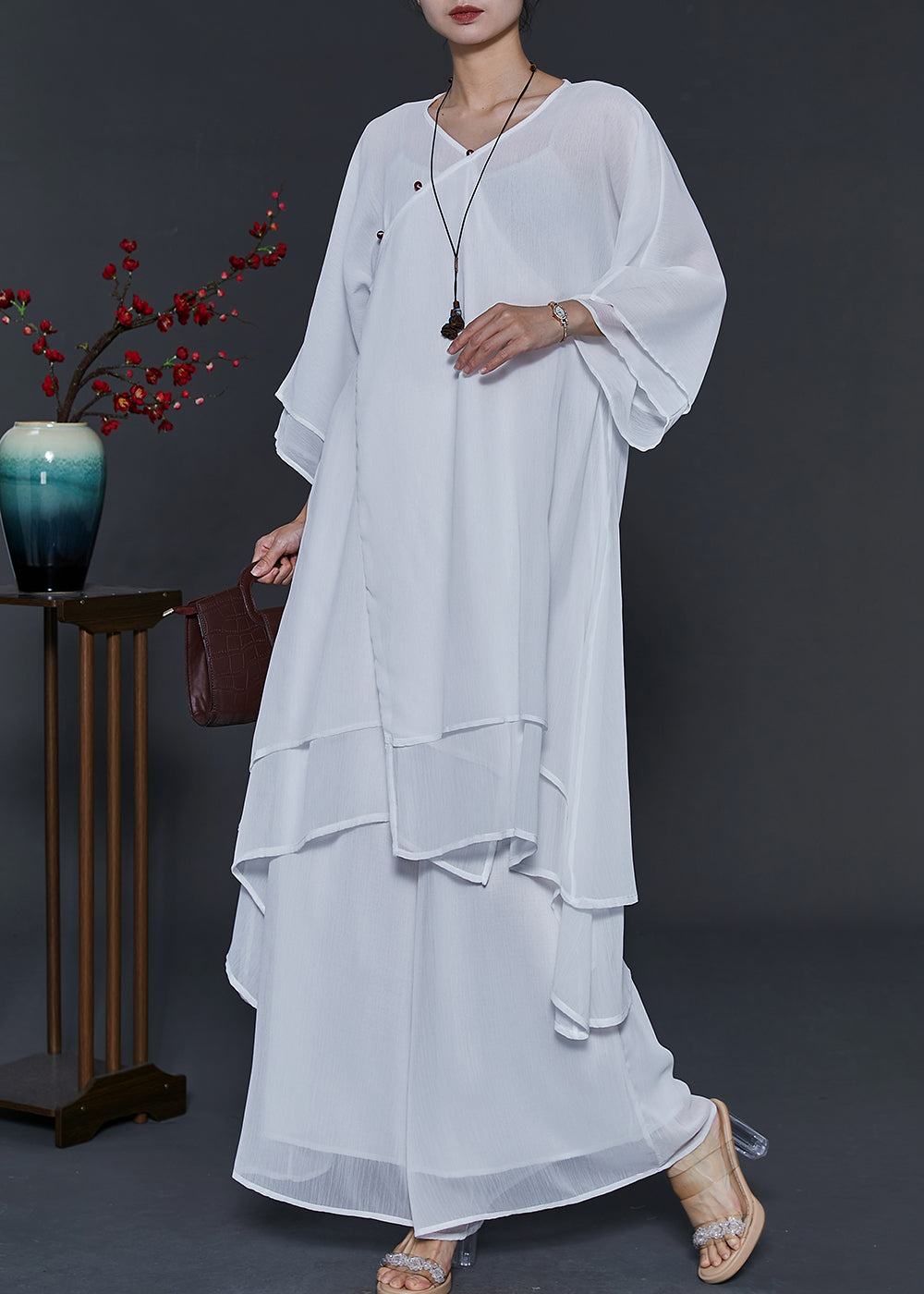 White Draping Layered Chiffon Two Piece Suit Set Summer