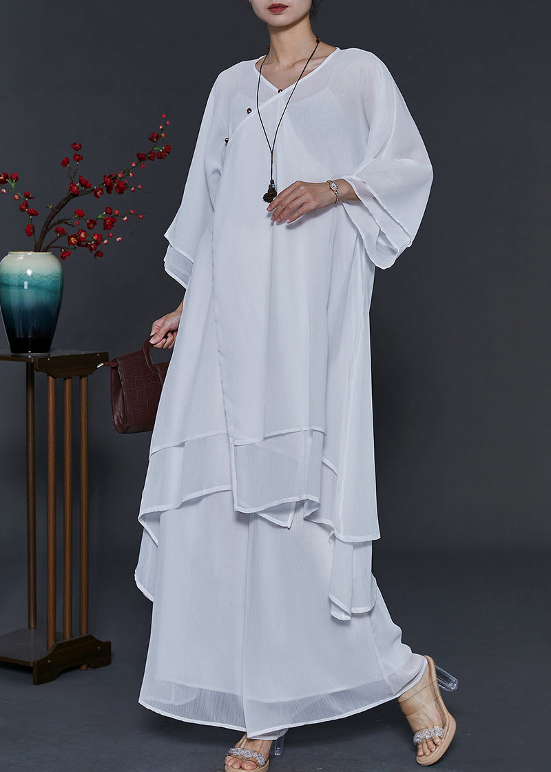 White Draping Layered Chiffon Two Piece Suit Set Summer