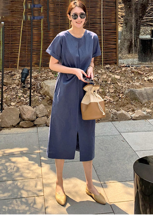 Slim Fit Navy O-neck Pockets Patchwork Dress Short Sleeve