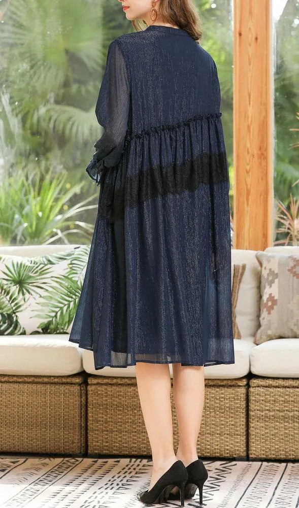 Navy Cinched Chiffon O-neck Summer Maxi Dress
