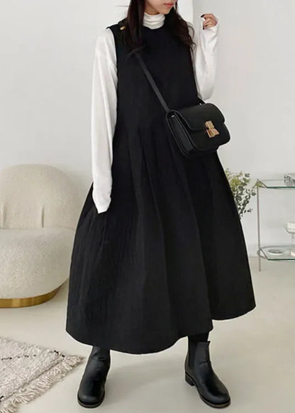 Simple Black O-neck Pockets Cotton Filled Tank Dress Sleeveless