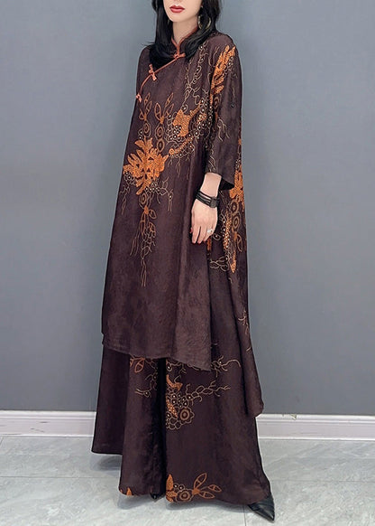 Brown Stand Collar Print Patchwork Silk Two Piece Set Outfits Fall