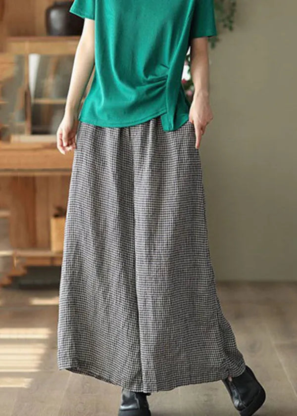 Small Plaid Pockets Patchwork Linen Wide Leg Pants Summer
