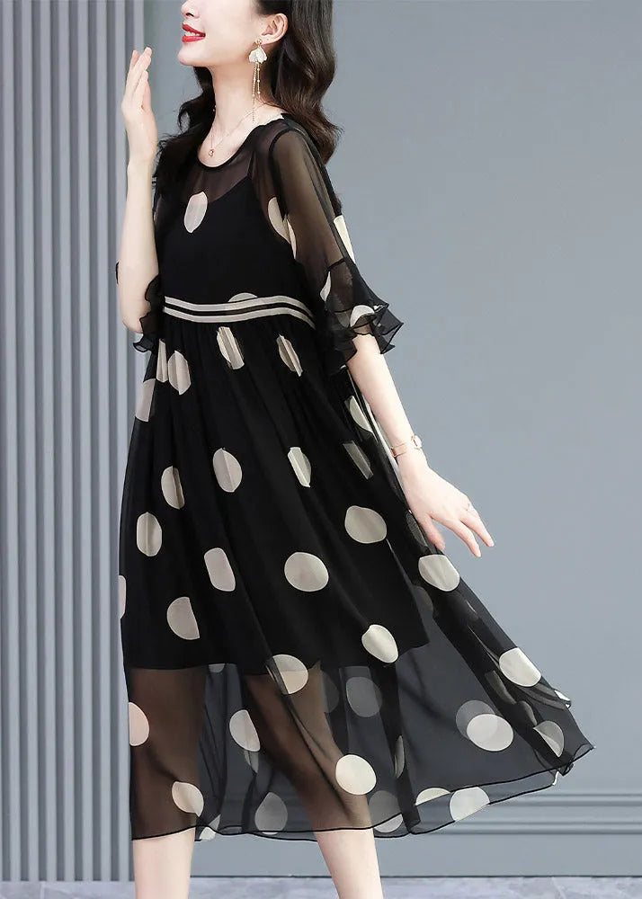 French Black O-neck Dot Print Silk Dress Two Pieces Set Flare Sleeve