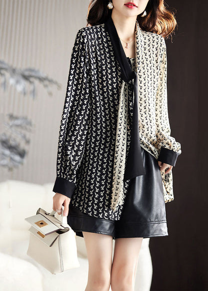 Black V Neck Contrast Color Print Chiffon Shirt Fall