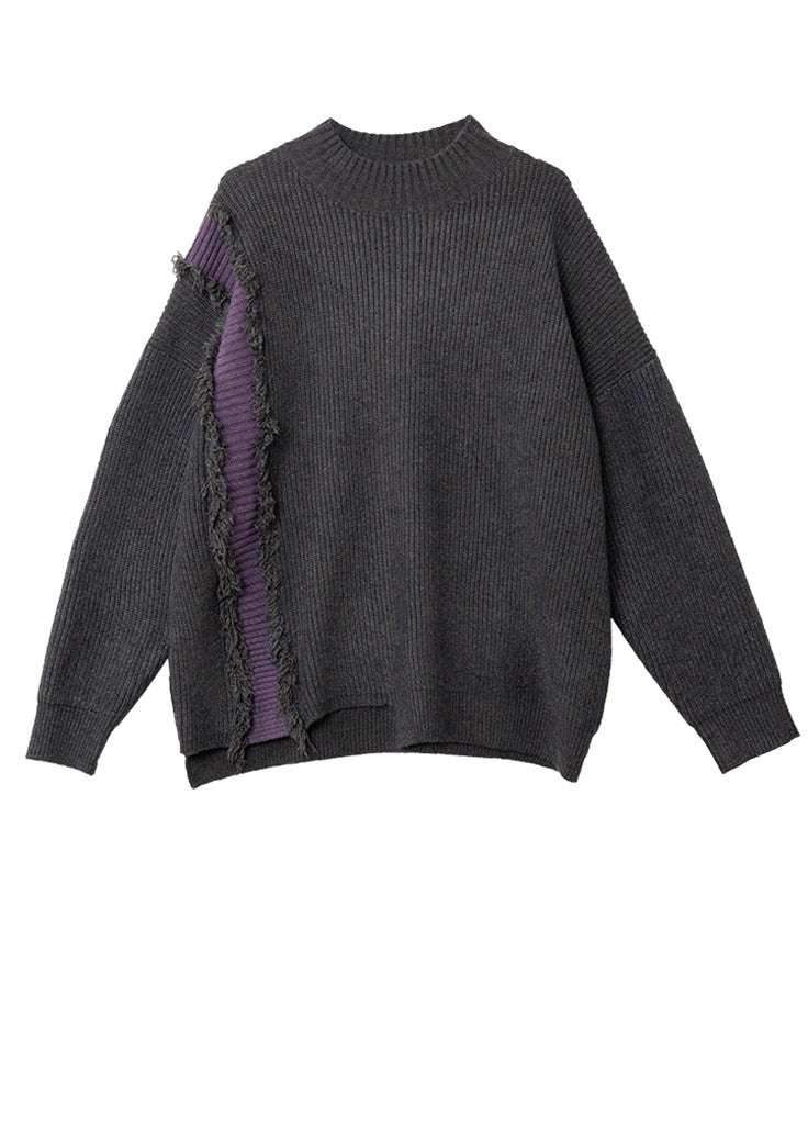 Grey Fluffy Patchwork Thick Knit Sweater Tops Winter