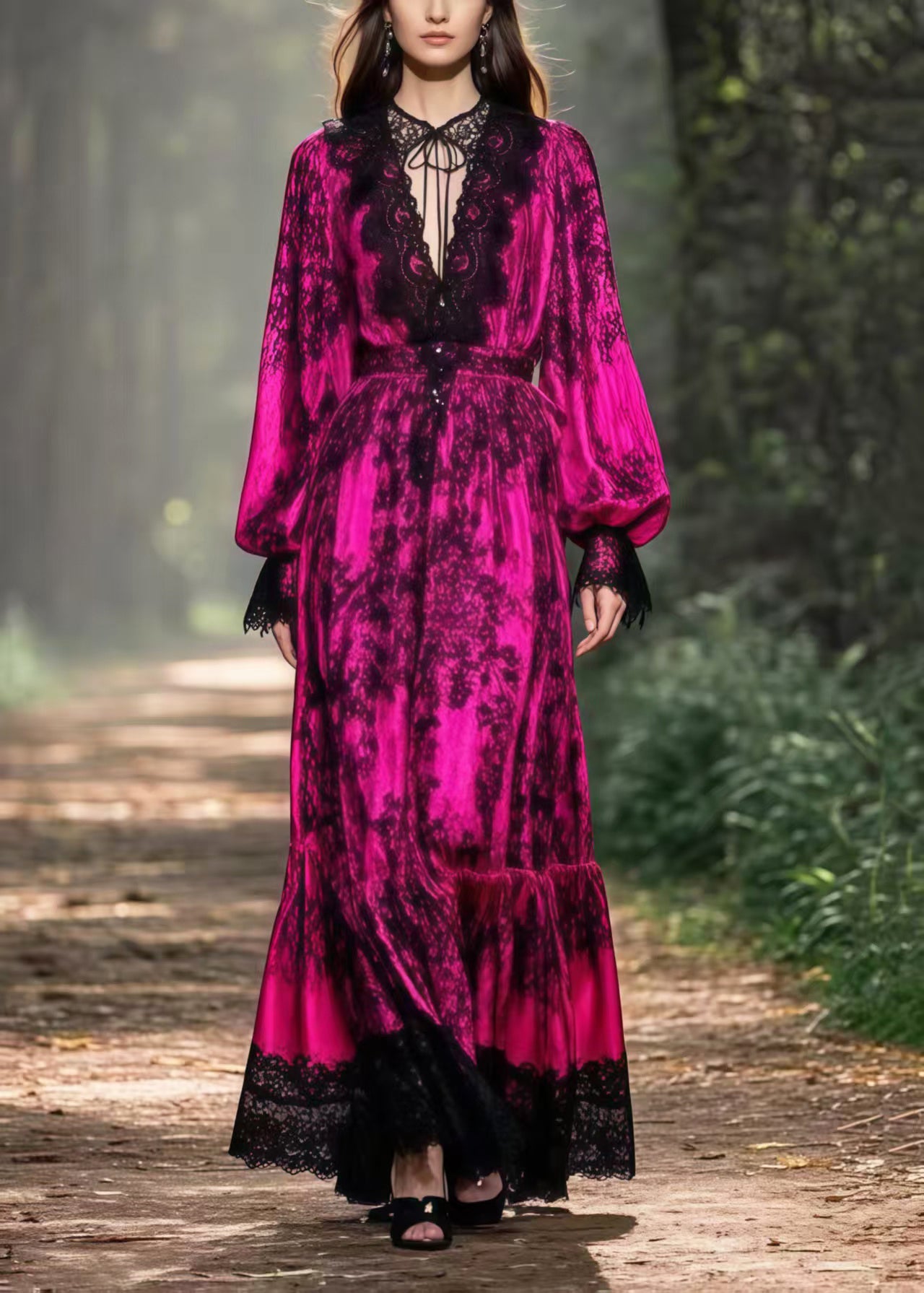 Rose V Neck Patchwork Lace Maxi Dress Lantern Sleeve