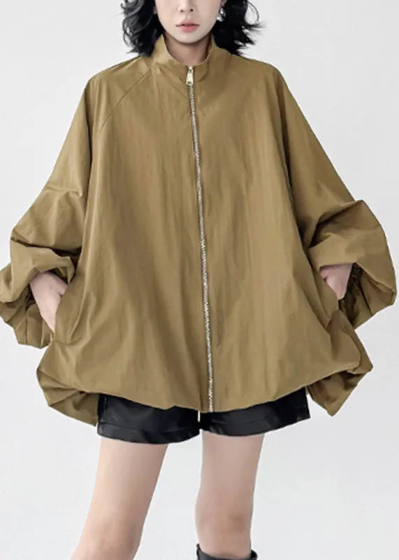 Organic Khaki Zippered Patchwork Trench Coats Fall