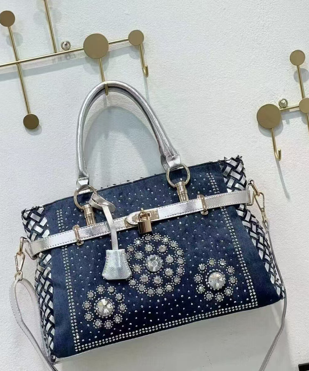 Navy Rhinestone Large Capacity Denim Tote Handbag
