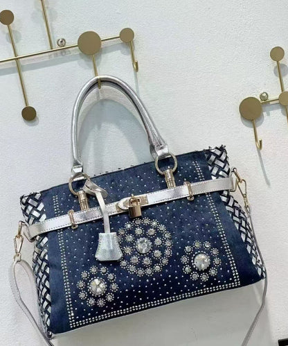 Navy Rhinestone Large Capacity Denim Tote Handbag