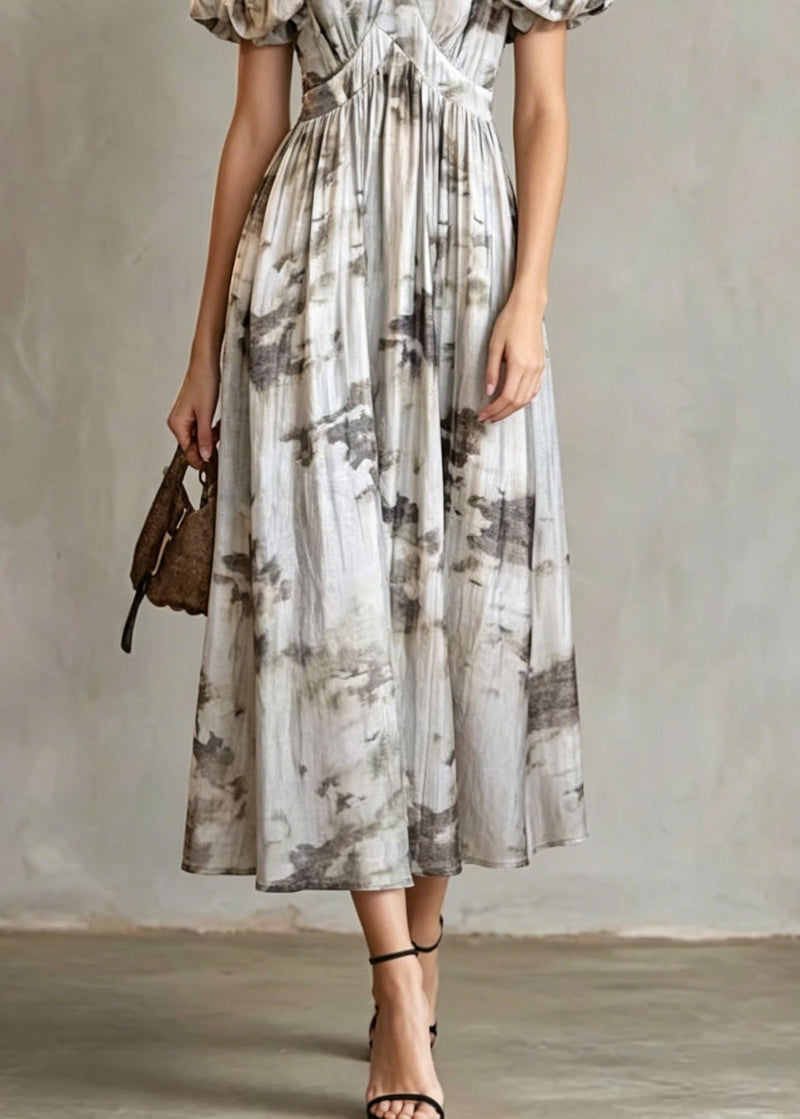 French V Neck Puff Sleeve Print Wrinkled Cotton Long Dress