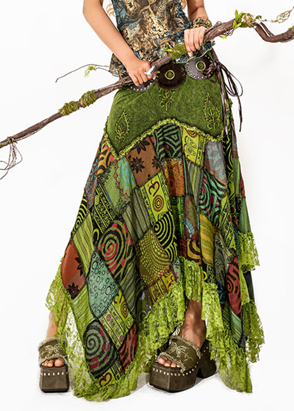 Green Print Lace Patchwork Maxi Skirt