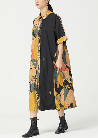 Khaki Print Pockets Patchwork Cotton Shirts Dress Short Sleeve