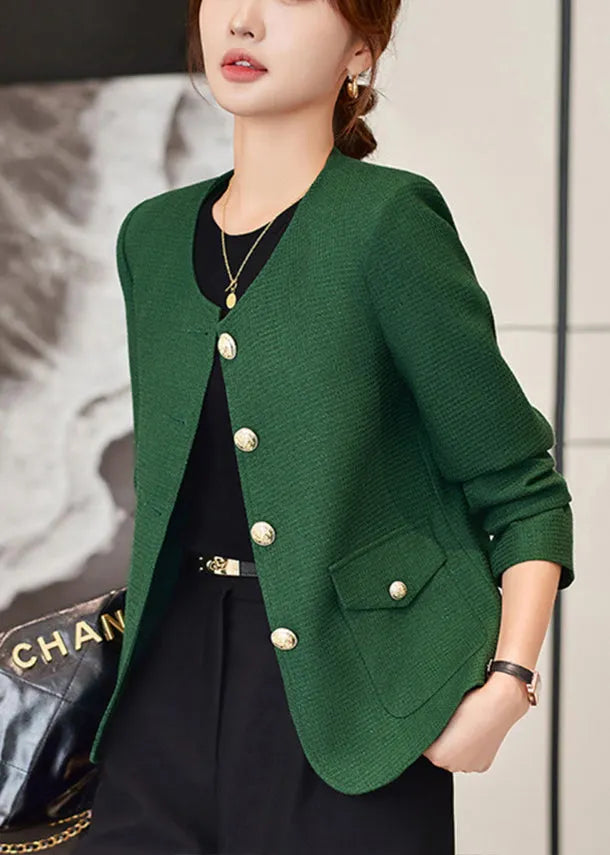 Dark Green O-neck Golden Buttons Cotton Coats Spring