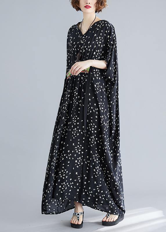 Art Black Print Cotton Cinched Summer Maxi Dress