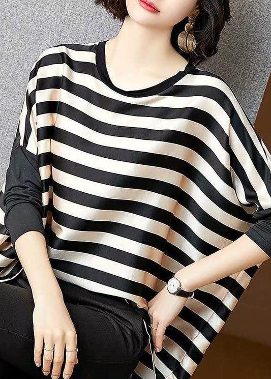 Black Striped O-neck Oversized Patchwork Silk Tops Batwing Sleeve