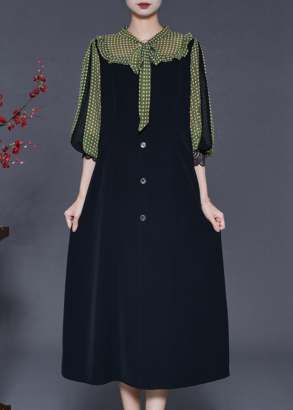 Black Bow Patchwork Chiffon Dresses Lantern Sleeve