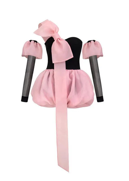 Pink Bow Patchwork Lace Up Strapless Jumpsuit Summer