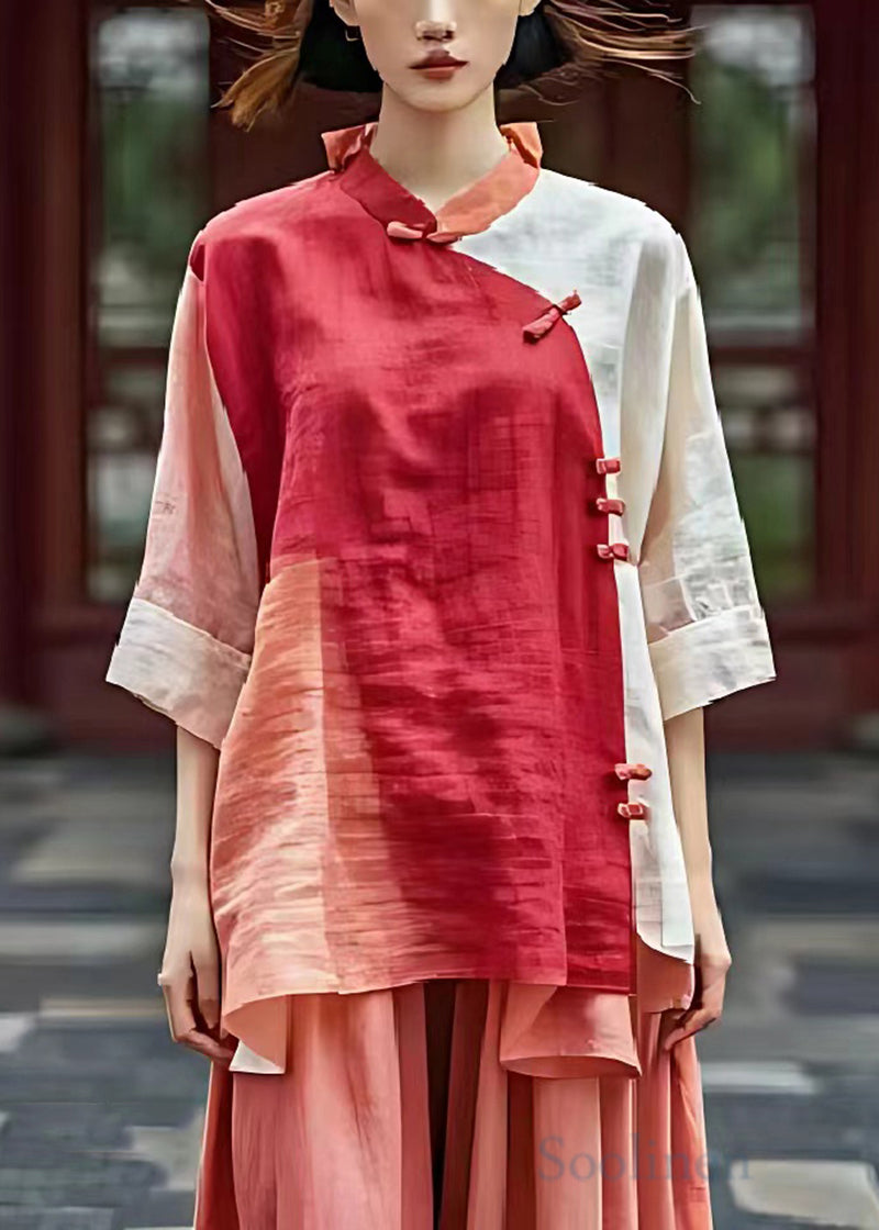 Red Mandarin Collar Patchwork Linen Shirts Summer