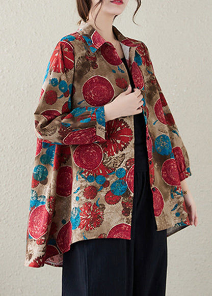 New Red Print Low High Design Cotton Shirt Tops Fall