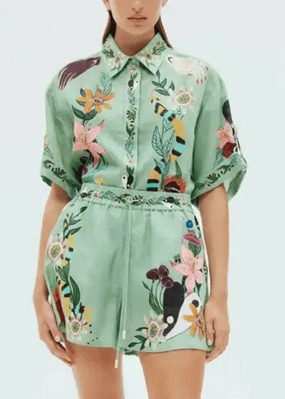 Organic Green Shirts and Shorts Patchwork Print Two Pieces Set Short Sleeve
