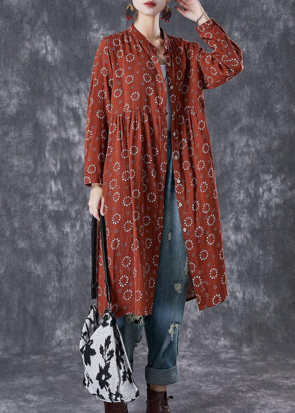 Red Print Cotton Shirt Dress Fall