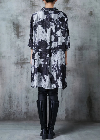 Grey Oversized Tie Dye Silk Printing Shirt Dress Fall