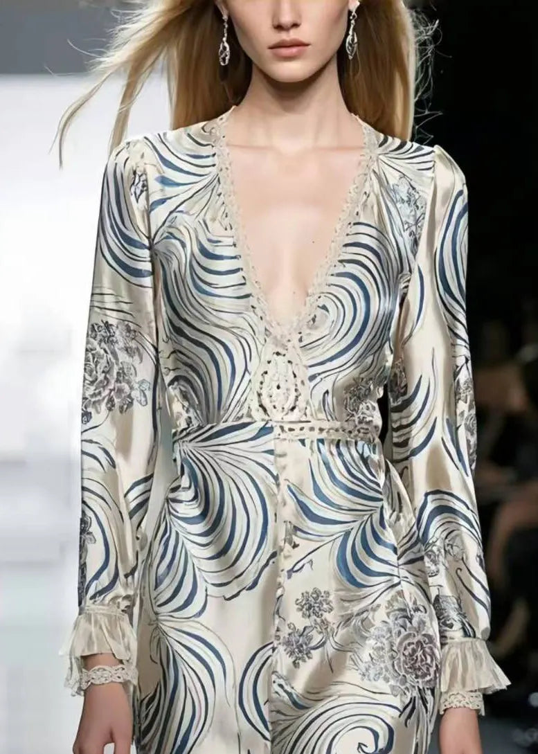 Silm Fit White V Neck Print Silk Long Dress Spring
