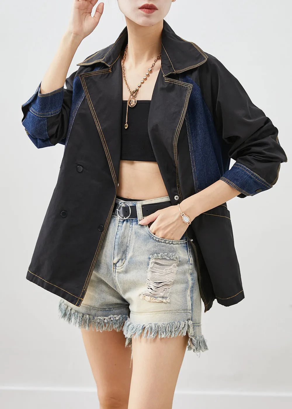 Style Black Oversized Denim Patchwork Cotton Jackets Fall